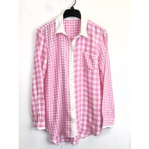 Crown & Ivy Women's M Pink White Gingham Check Long Sleeve Button Up Shirt